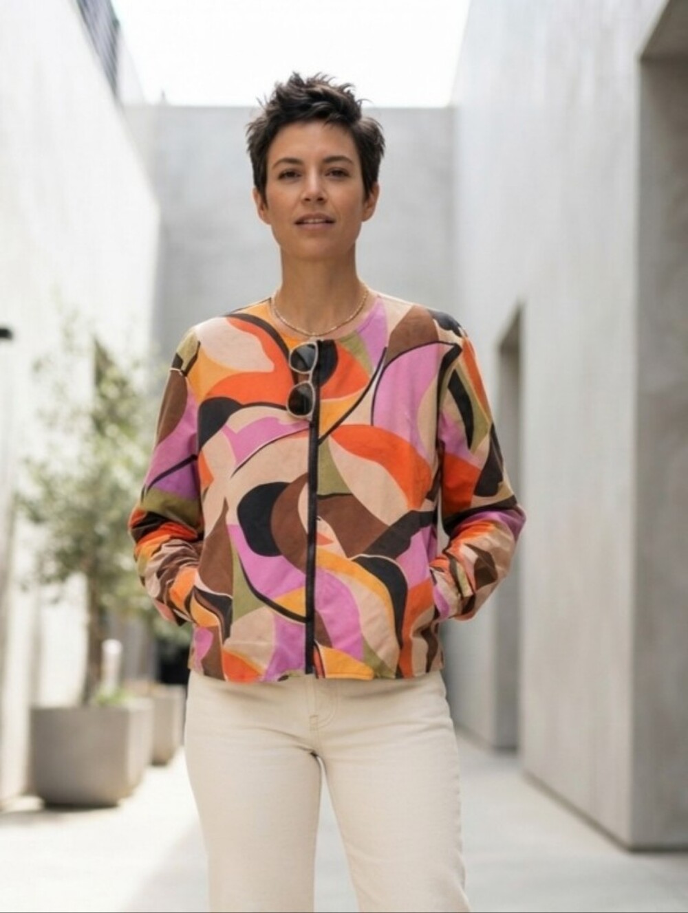 Maggie London 100% Silk Vintage Bomber Style Jacket Size L/12 Artsy Abstract